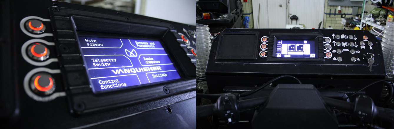 Front panel of a hybrid vehicle with intC controller, user buttons and charger cradle for remote controller
