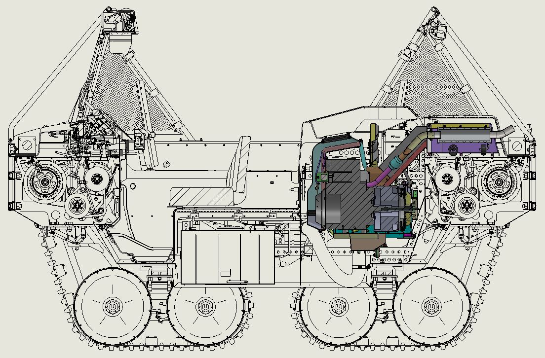 Cross section of a hybrid amphibious transporter with power unit installed