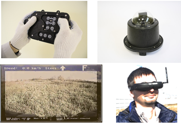 Remote control system for unmanned ground vehicle platform includes remote controller unit, rotatable video camera and first-person view googles. Onscreen display allows unmanned vehicle control, onboard status information monitoring and full access to vehicles functions.
